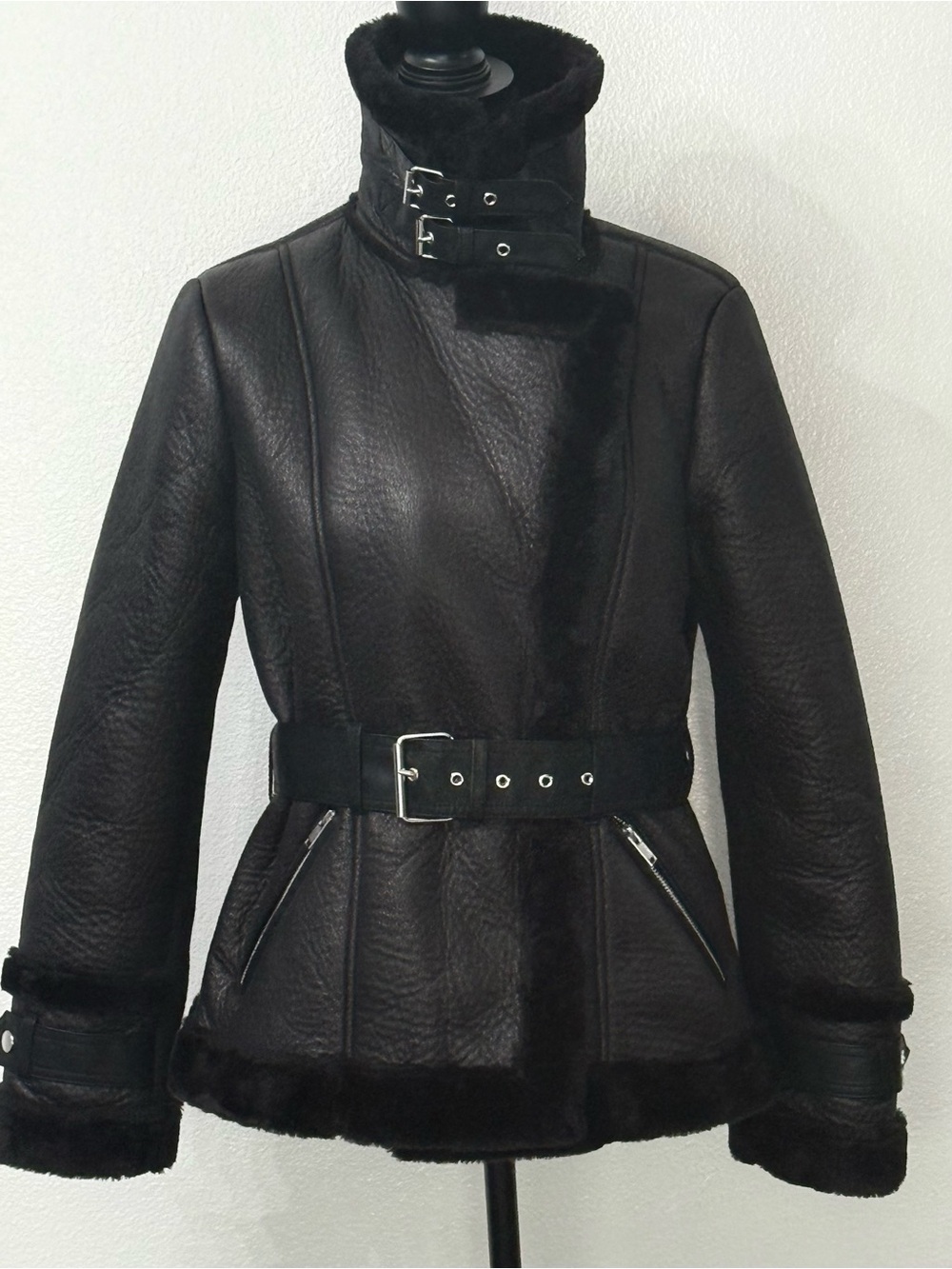 Venus Black Shearling Belted Jacket  Soze S